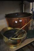 A Victorian copper log basket, a pair of painted bellows, brass coal bucket and fire iron and tongs