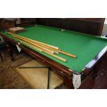 A Riley three quarter size mahogany snooker table with cues and balls 224 x 118cm