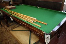 A Riley three quarter size mahogany snooker table with cues and balls 224 x 118cm