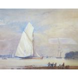 English School (19th Century) Fisherman pulling in their catch, with sailing ship beyond Watercolour