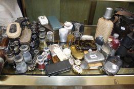 Collection of opera glasses, binoculars, compass, hipflasks, trinket boxes etc