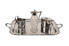 Silver plated ware to include a cream jug, a tea caddie, a two-handled tray and a jug (4)