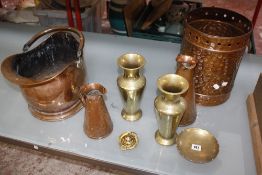 A copper coal bucket, copper lampshade and other metalware