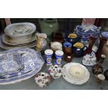 A quantity of ceramics, to include decorative plates, a pair of floral spill vases, blue and white