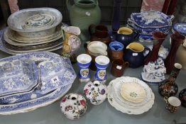 A quantity of ceramics, to include decorative plates, a pair of floral spill vases, blue and white