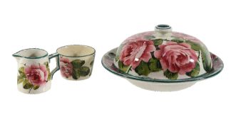 Three Wemyss pink cabbage rose pattern items, comprising: a muffin dish and cover, impressed