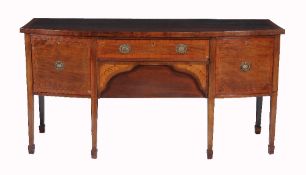 A George III and later mahogany bowfront sideboard, circa 1800, the satinwood crossbanded top, above