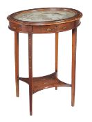 An Edwardian oval polychrome decorated bijouterie table the glazed top raised on square tapering