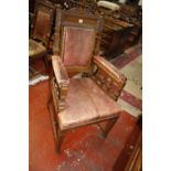 A set of seven Victorian oak and leather upholstered chairs to include one armchair