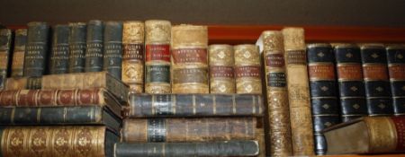 A quantity of leather bound volumes to include 'Byron', 'The Hamsowth Encyclopaedia', 'Moore's