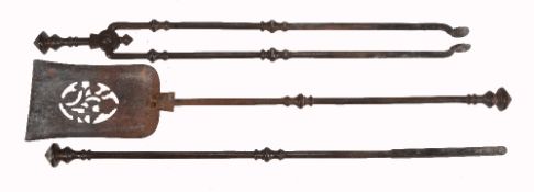 A set of three late George III fire irons, early 19th century, comprising shovel, poker and tongs,