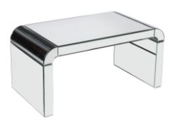 A rectangular coffee table, of recent manufacture, with rounded short ends, bevelled mirror covered,