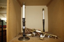 A pair of table lamps, together with a pair of brass library lights.(sold as parts)