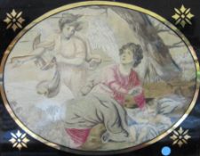 A silkwork Biblical scene circa 1800, oval, framed, 29cm x 39cm (af)