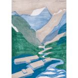 Lill Tschudi (1911-2004) - Moutain Valley (C.L.T. 21) the rare linocut printed in colours, 1931,