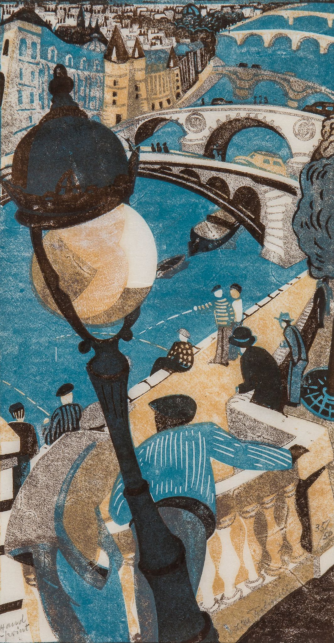Lill Tschudi (1911-2004) - Le Long des Quais (C.L.T.84) linocut printed in colours, 1949, signed,