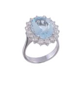 An aquamarine and diamond cluster ring,   the central oval shaped aquamarine claw set within a