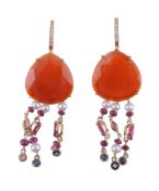 A pair of cornelian, ruby, sapphire and diamond earrings,   the ovoid shaped facetted cornelian