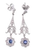 A pair of sapphire and diamond flower head ear pendents  , each stud set with eight brilliant cut