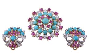 A pair of diamond, ruby and turquoise ear clips , circa 1960  A pair of diamond, ruby and