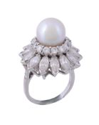 A diamond and South Sea cultured pearl cluster dress ring  A diamond and South Sea cultured pearl