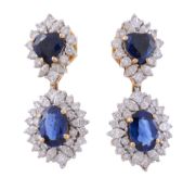 A pair of diamond and sapphire ear pendents  A pair of diamond and sapphire ear pendents,   the