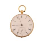 A gold open face pocket watch, no. 8750, circa 1880, Swiss bar lever movement  A gold open face