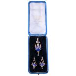 A French diamond, pearl and lapis lazuli pendant and earring suite, circa 1880  A French diamond,