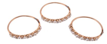 Three diamond and pearl hinged bangles, each one set with alternating old...  Three diamond and