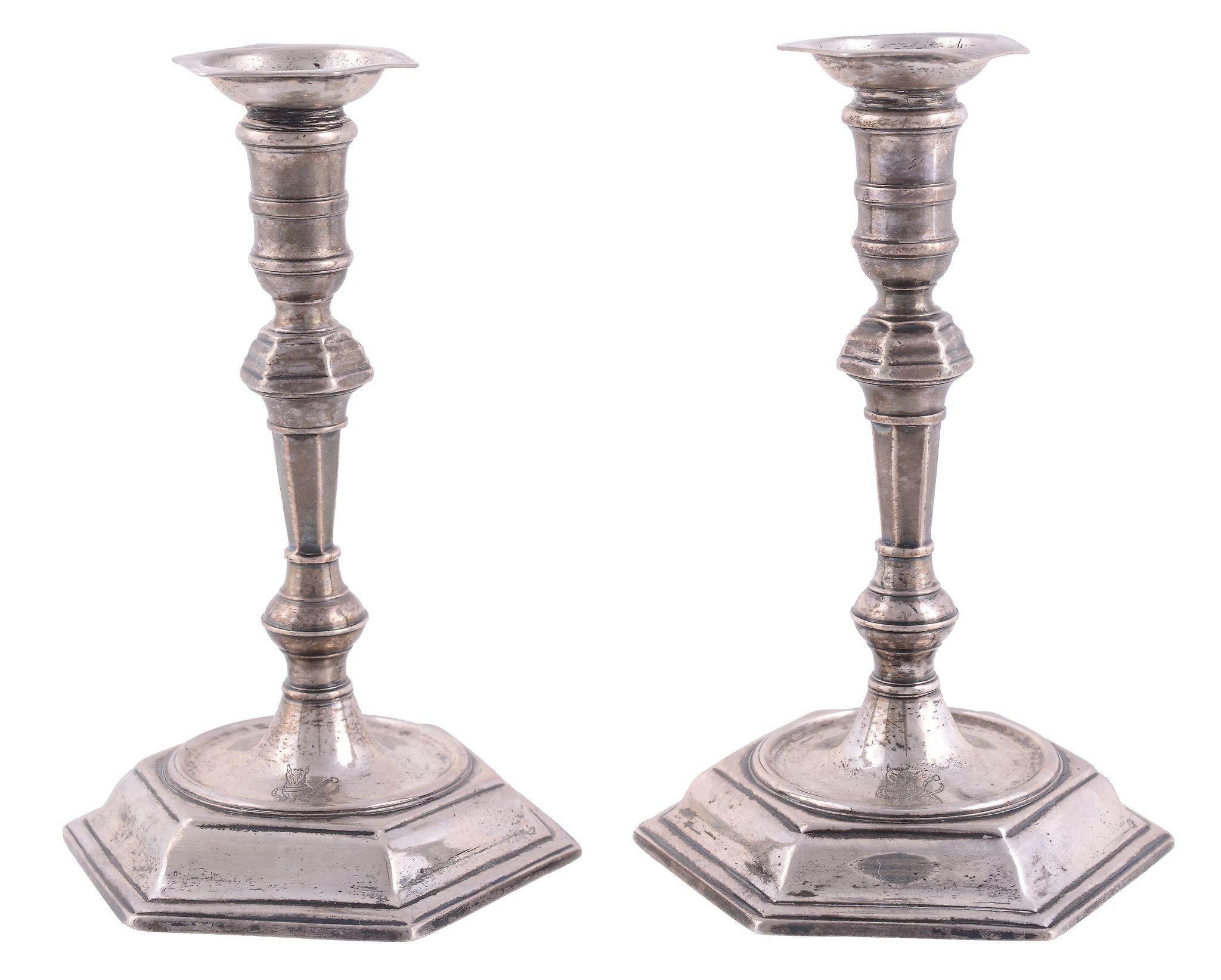 A pair of George I silver tapersticks by Francis Turner, London 1723  A pair of George I silver