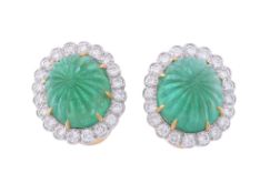 A pair of emerald and diamond cluster ear clips by David Webb  A pair of emerald and diamond cluster