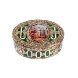 A three colour gold and enamel oval snuff box  A three colour gold and enamel oval snuff box,