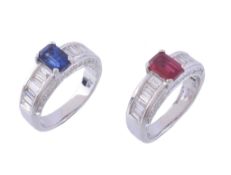 A ruby and diamond band ring, the central rectangular shaped ruby claw set...  A ruby and diamond