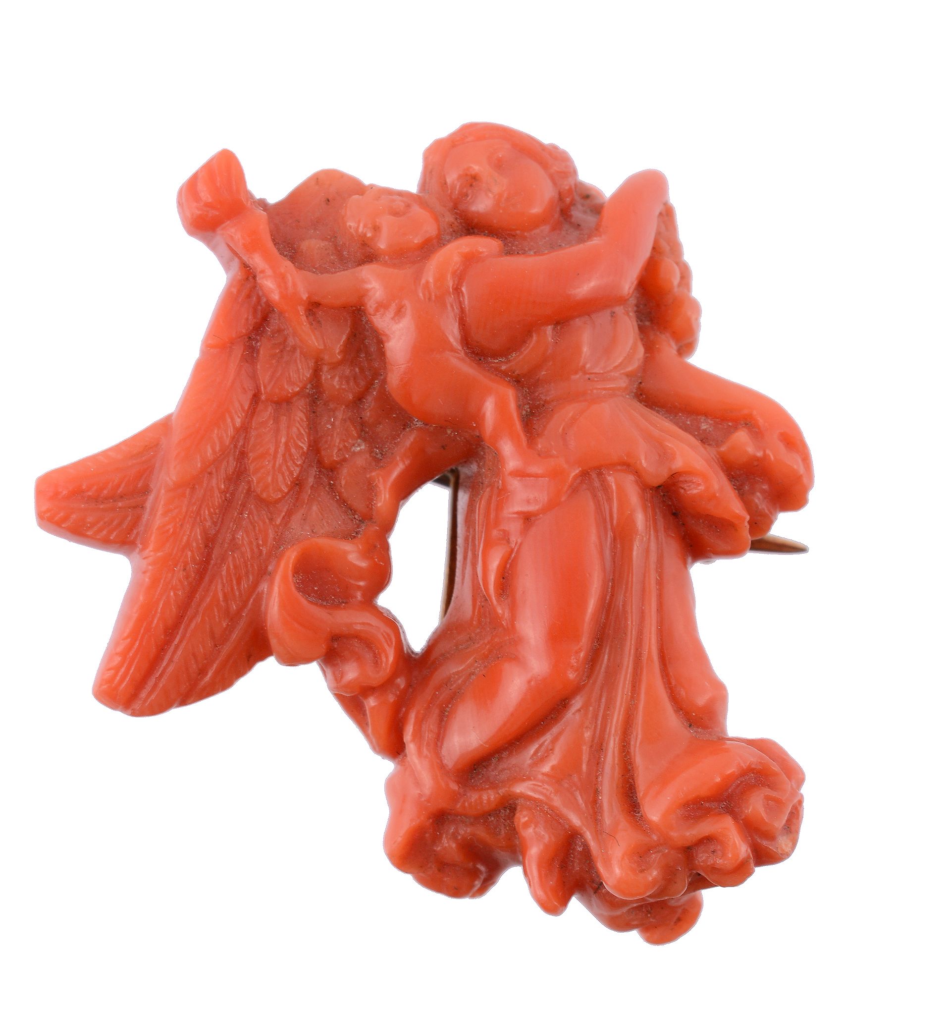 An early 19th century coral brooch, circa 1830, carved as Aurora  An early 19th century coral