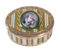 A gold and enamel oval snuff box, maker’s mark NC over Q  A gold and enamel oval snuff box,