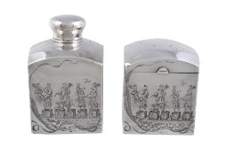 A pair of Russian silver tea caddies with chinoiserie engraving by V. T  A pair of Russian silver