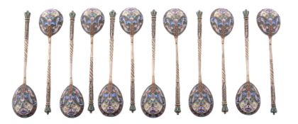 A set of twelve Russian silver gilt and enamel tea spoons by Konstantin...  A set of twelve