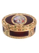 A gold and enamel oval snuff box, incuse maker’s mark JF over F crowned  A gold and enamel oval