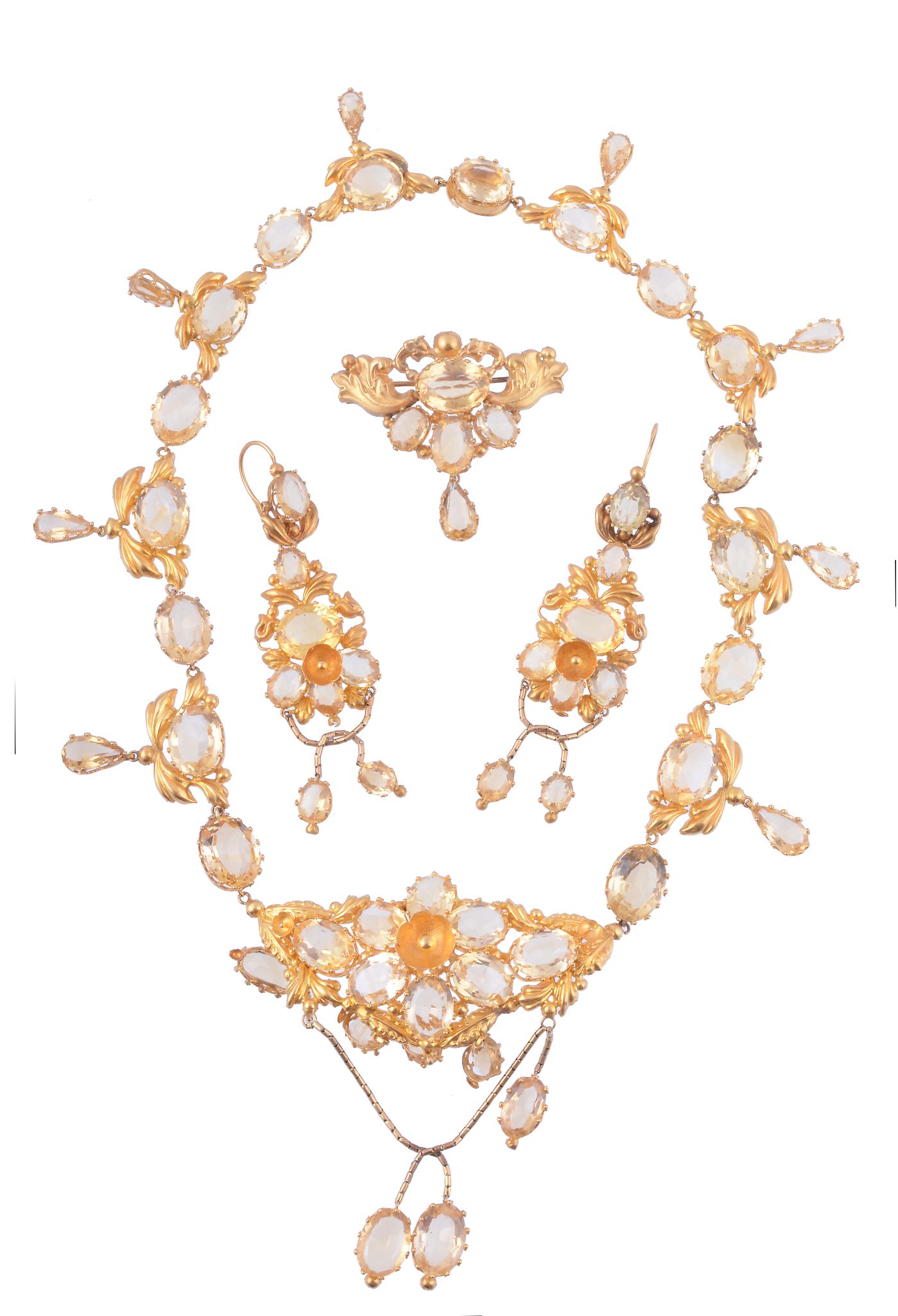 A mid Victorian gold and citrine necklace  A mid Victorian gold and citrine necklace, earring and