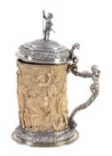 A German silver parcel gilt mounted ivory Historismus tankard, pseudo marks  A German silver