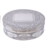 A silver oval snuff box inset with a painting of landed fish, unmarked  A silver oval snuff box