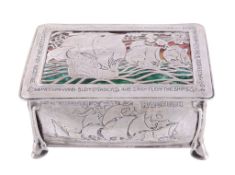 An Arts and Crafts silver and enamel cigarette box by Omar Ramsden & Alwyn Carr  An Arts and