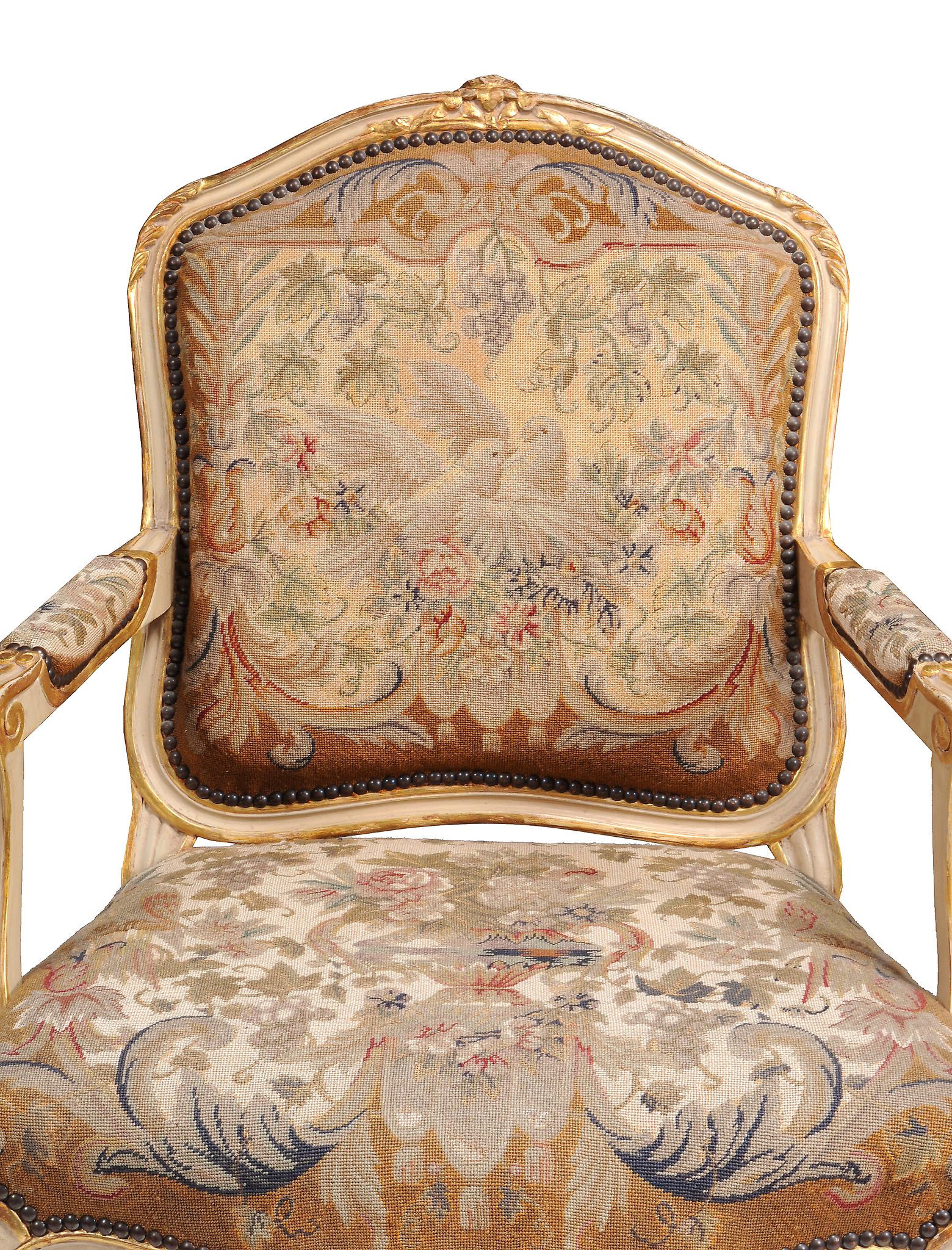 A set of four French cream painted and parcel gilt armchairs in Louis XV style  , early 20th - Image 2 of 3