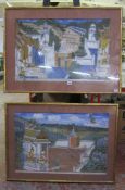 A pair of Thai paintings,   depicting temple scenes, with inscriptions 49cm x 75cm