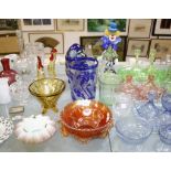 A quantity of decorative glassware   to include an art glass vase with blue relief flowers, marked