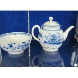 A blue and white Worcester teapot,   Rock Strata Island pattern and   a bowl  , floral and