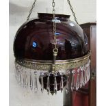 A glass and brass hall lantern  ,  with dome and drop pendants