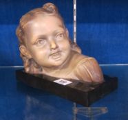 A head of a young girl on plinth base  , signed S. Melani to reverse, 17.5cm high x 21.5cm wide