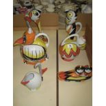 Lorna Bailey decorative artware,   signed, two bird tea pots, two jugs etc (6)