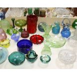 A quantity of coloured glass  , to include Art Deco style bowls and a candlestick, a Mdina bowl and